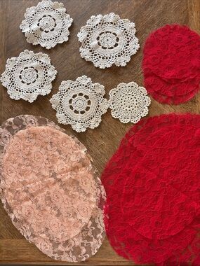 Vintage Red and Cream Lace Doilies and Placemats